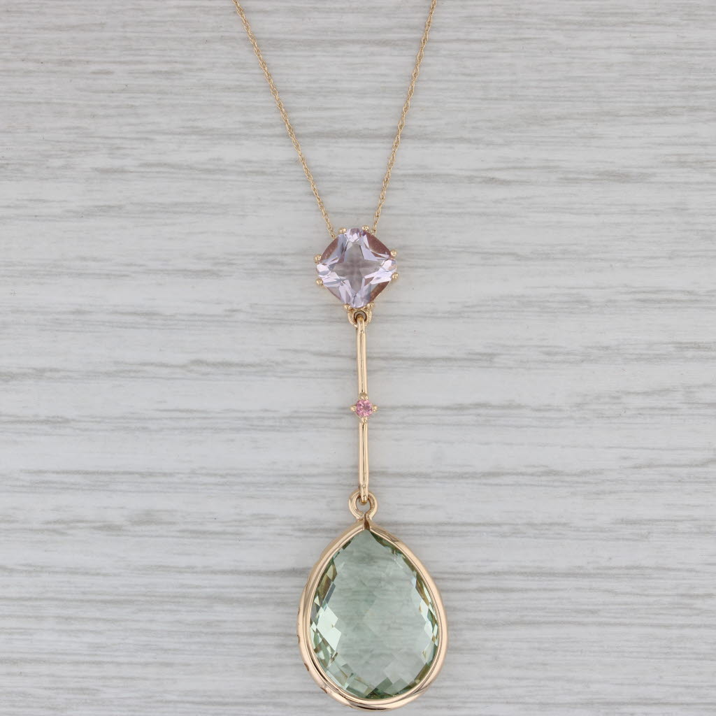 Gray 15.30ctw Prasiolite Green Amethyst Rose Quartz Pendant Necklace 14k Gold 18.75"