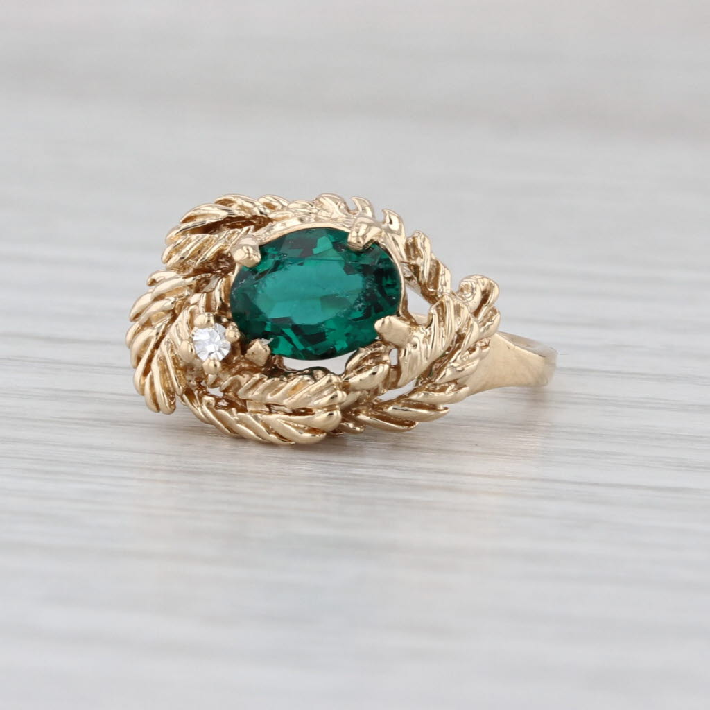 Green Glass Simulated Emerald Leaf Ring 14k Yellow Gold Size 5.5