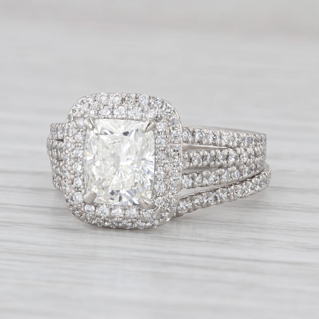 2.76ctw Cushion Diamond Halo Engagement Wedding Band Set Platinum Size 7.25 GIA
