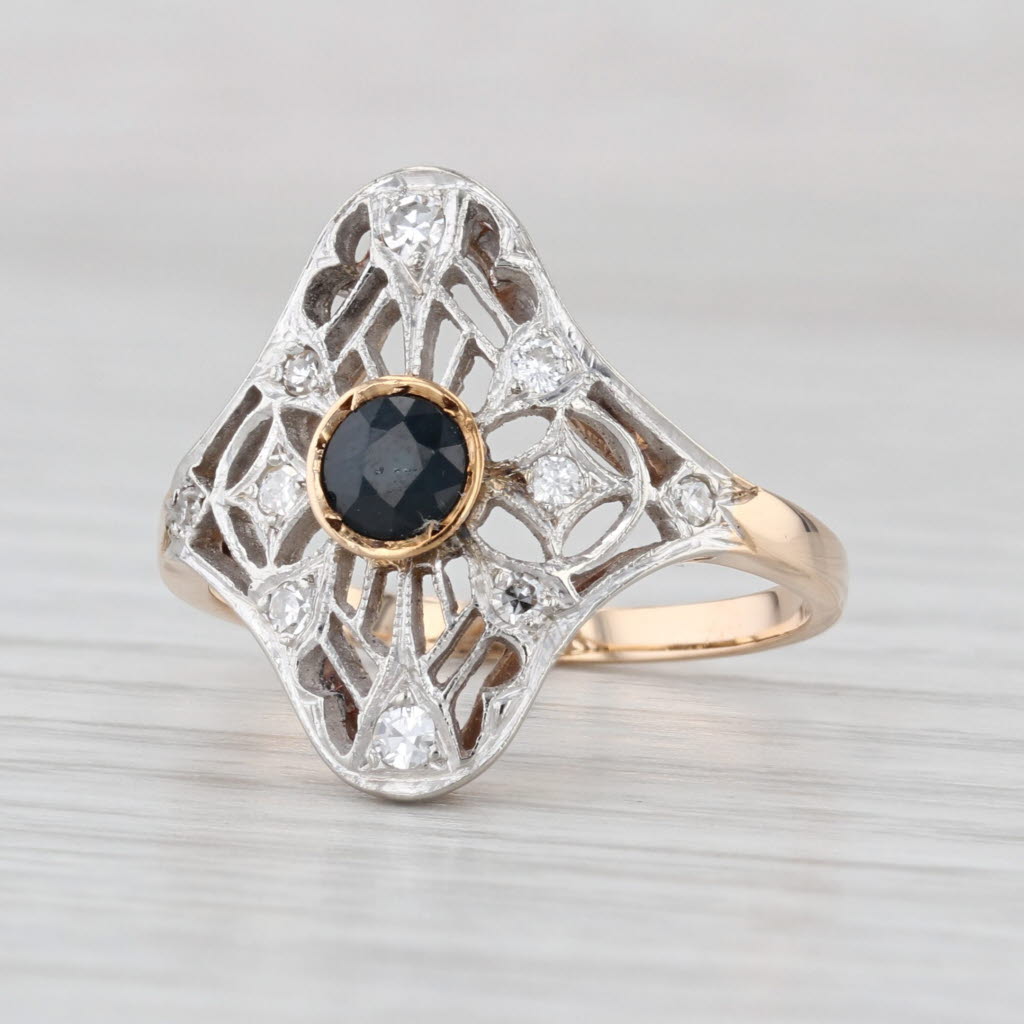 Vintage 0.52ctw Blue Sapphire Diamond Openwork Ring 18k White Yellow Gold Size 7