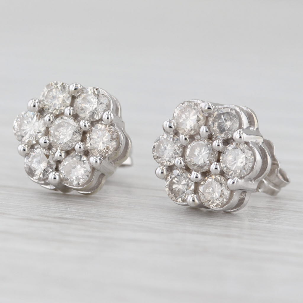Light Gray 0.80ctw Diamond Flower Cluster Stud Earrings 10k White Gold