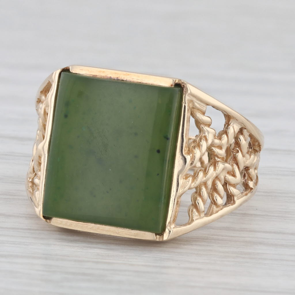 Light Gray Green Nephrite Jade Ring 10k Yellow Gold Size 10 Men's Signet