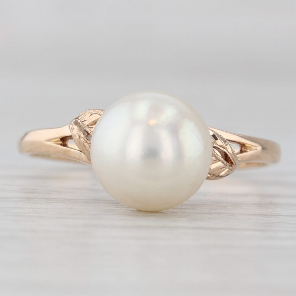 Light Gray Cultured Pearl Solitaire Ring 14k Yellow Gold Size 7 Leaf Accents