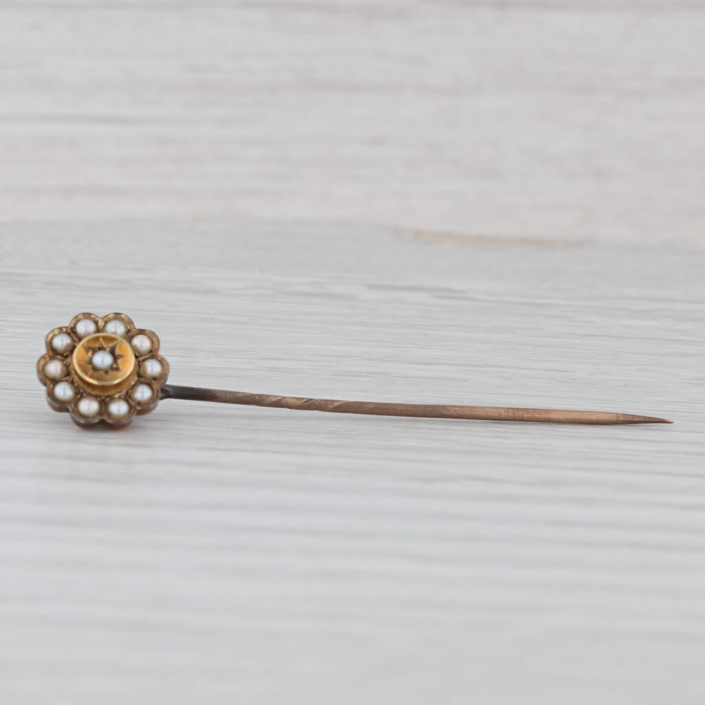 Light Gray Antique Pearl Flower Stickpin w/ Box 15k Yellow Gold British