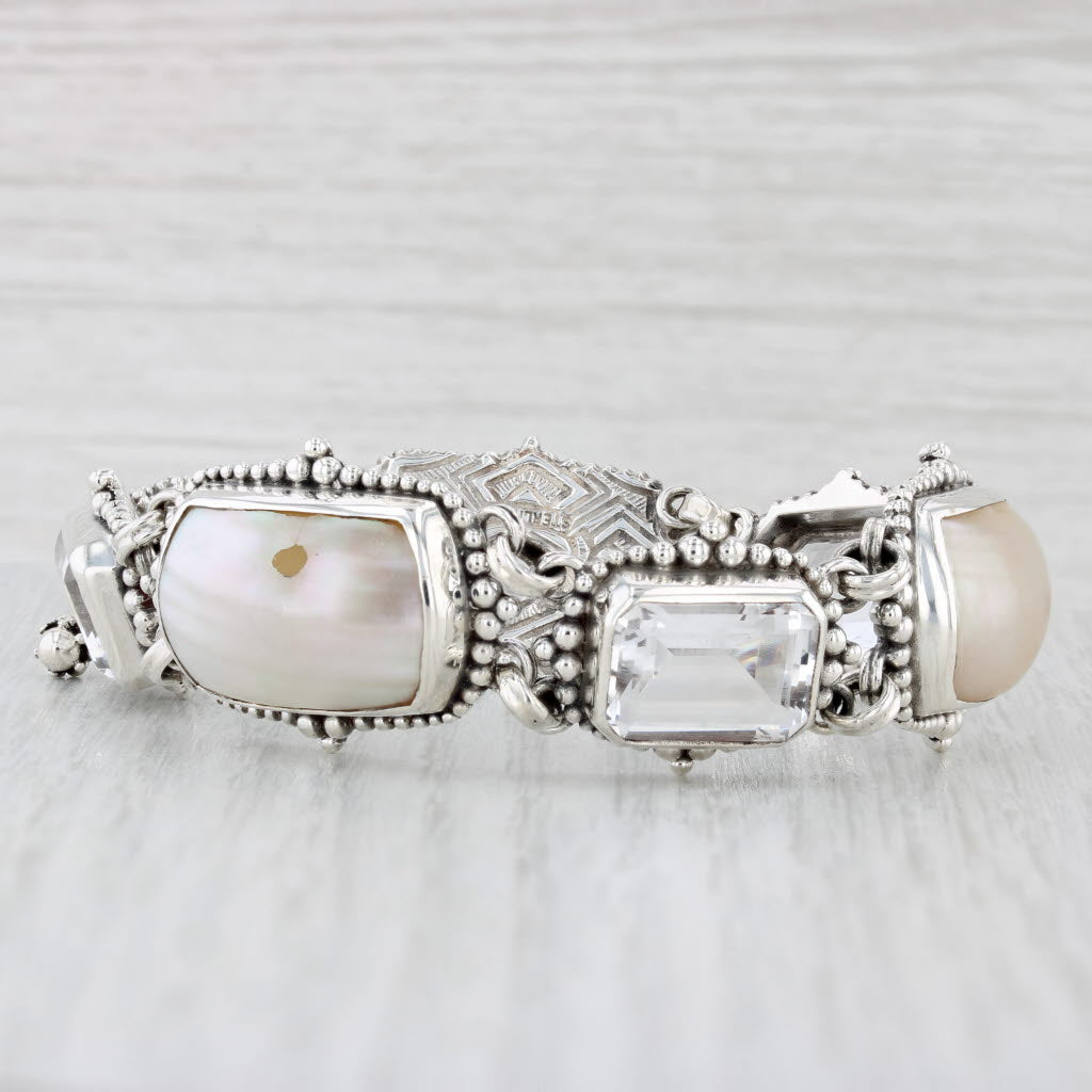 Light Gray Stephen Dweck Quartz Shell Link Bracelet Sterling Silver 7" Statement