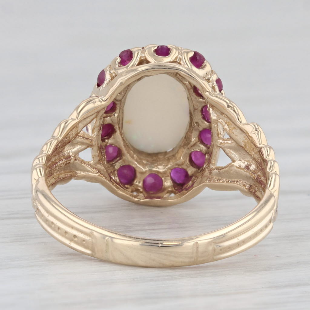 Light Gray Opal Ruby Halo Ring 10k Yellow Gold Size 5.5 Floral Band