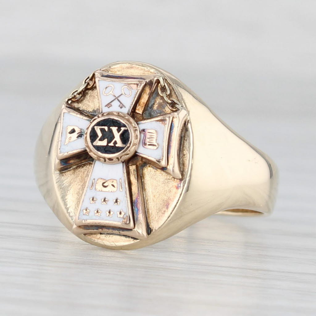 Light Gray Sigma Chi Fraternity Ring 10k Gold Enamel Vintage Converted Badge Signet Sz 9.5