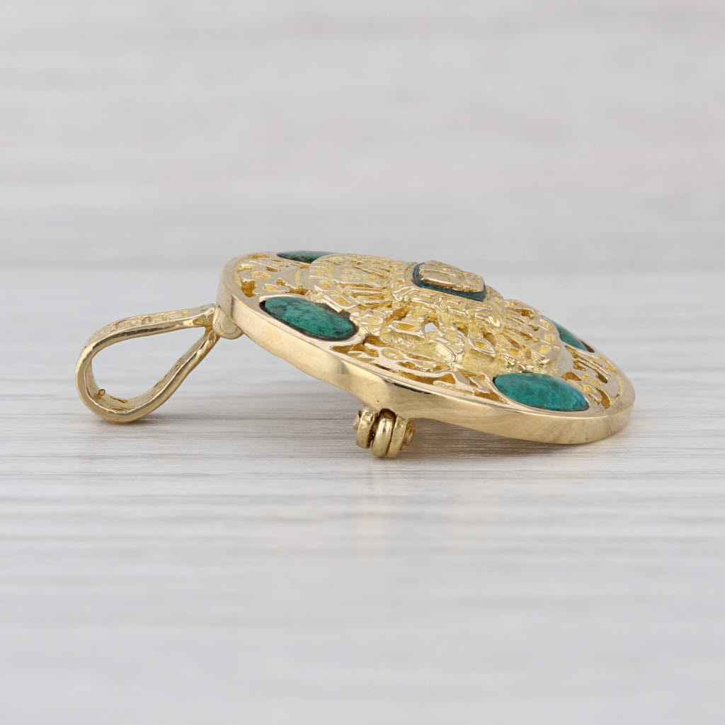 Green Malachite Aztec Sun Pendant Brooch 18k Yellow Gold Tribal