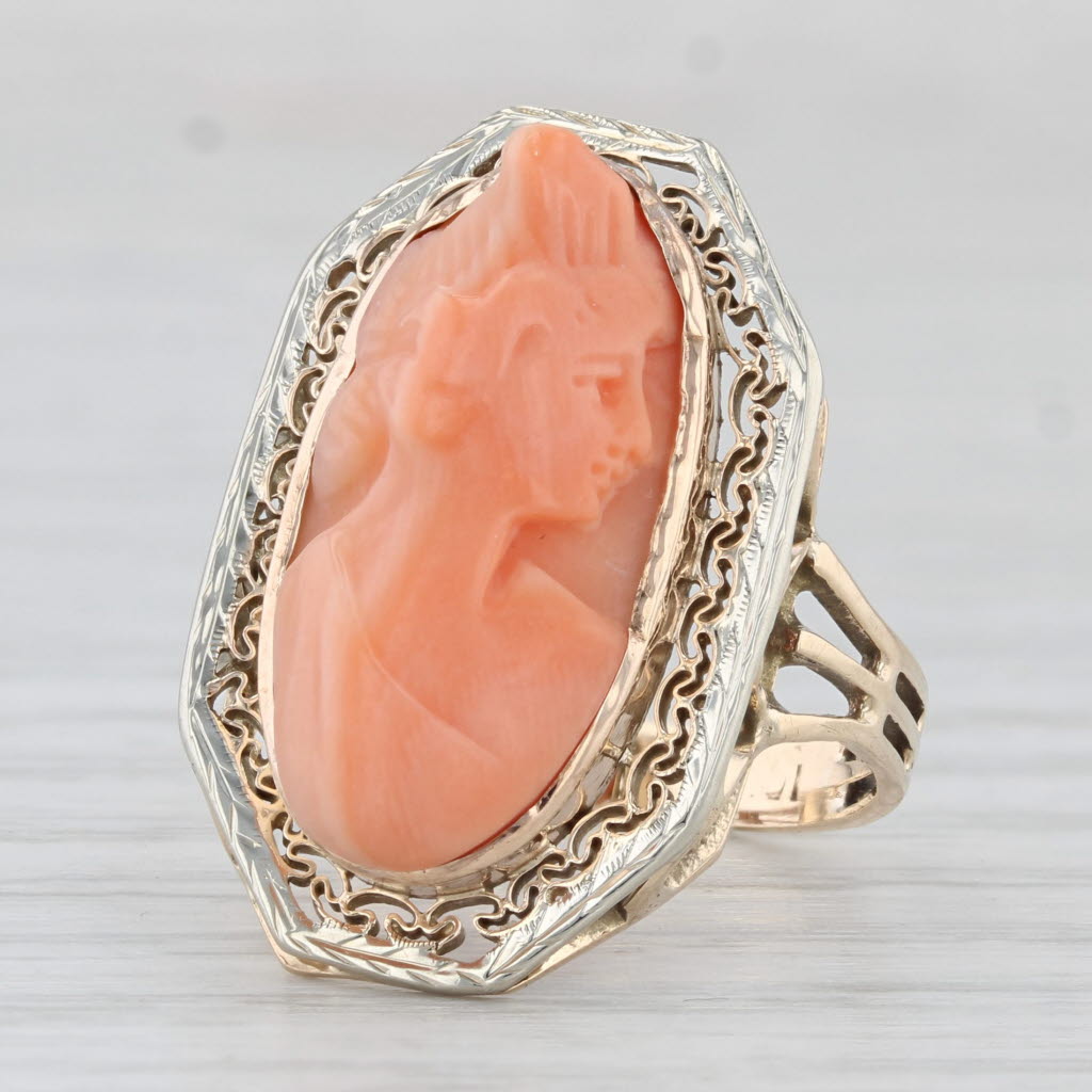 Light Gray Vintage Coral Cameo Ring 12k Yellow Gold Size 7 Filigree