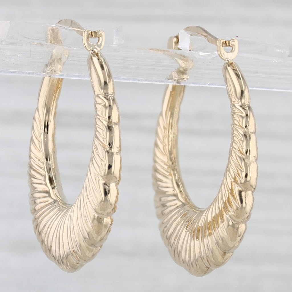 Light Gray Scalloped Beveled Hoop Earrings 10k Yellow Gold Snap Top Posts