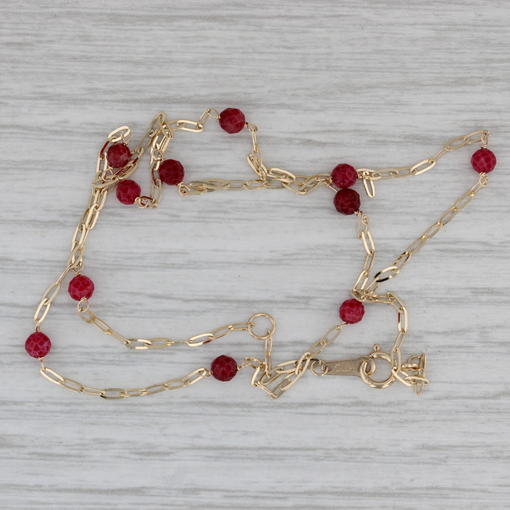 Gray Red Glass Bead Station Necklace 14k Yellow Gold 16" Cable Chain