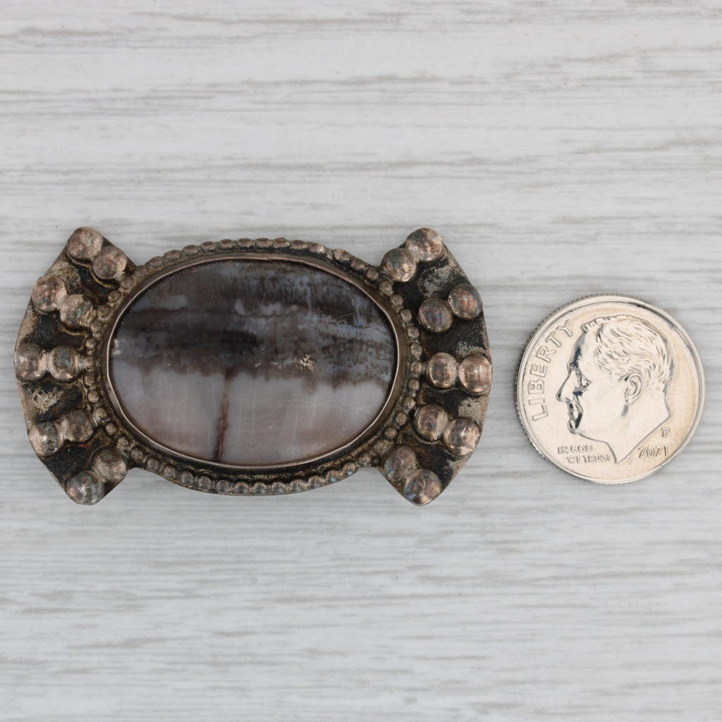 Gray Vintage Marbled Agate Brooch Sterling Silver Pin