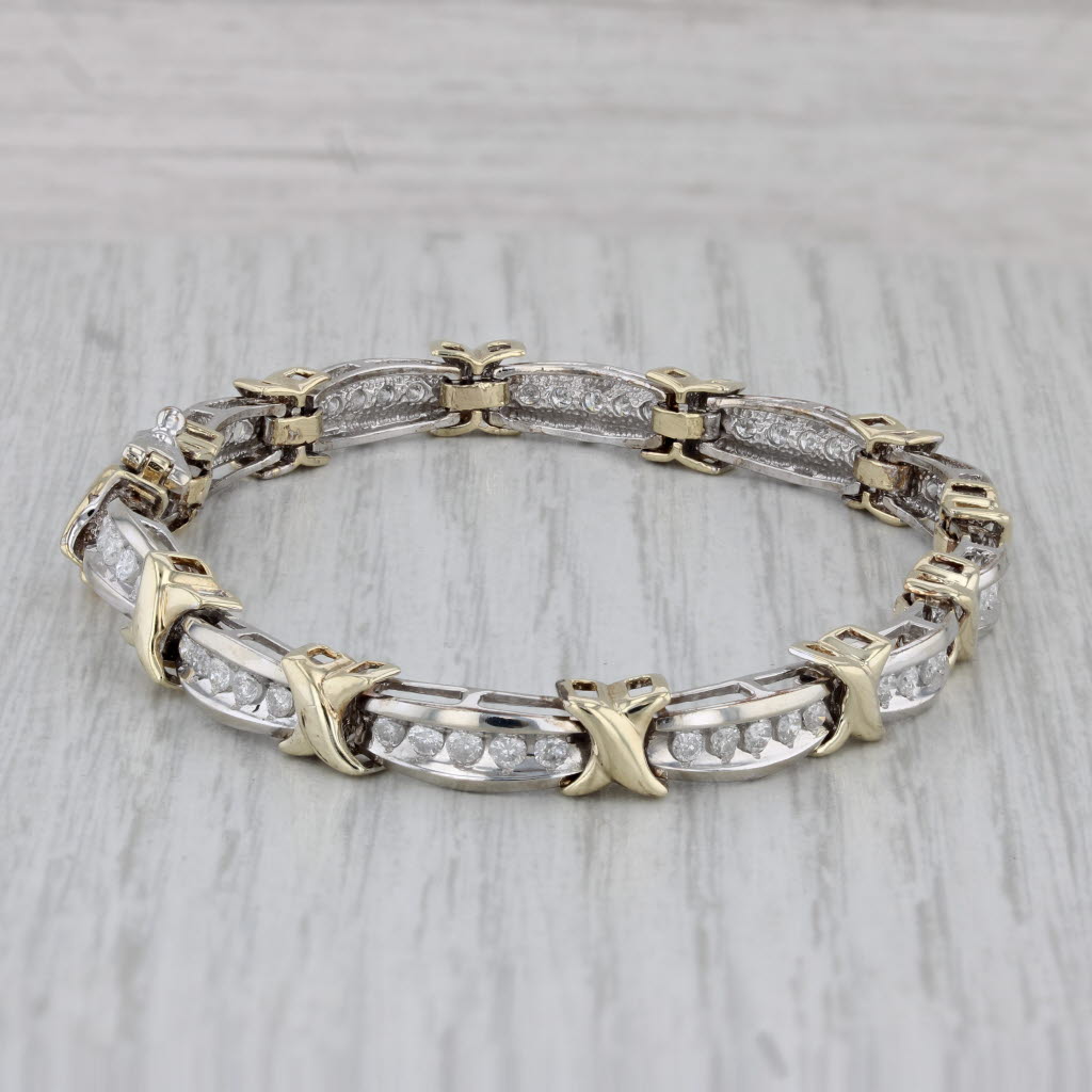 Gray 1.70ctw Diamond Bar X Links Bracelet 10k White Yellow Gold 7.25" 6.4mm