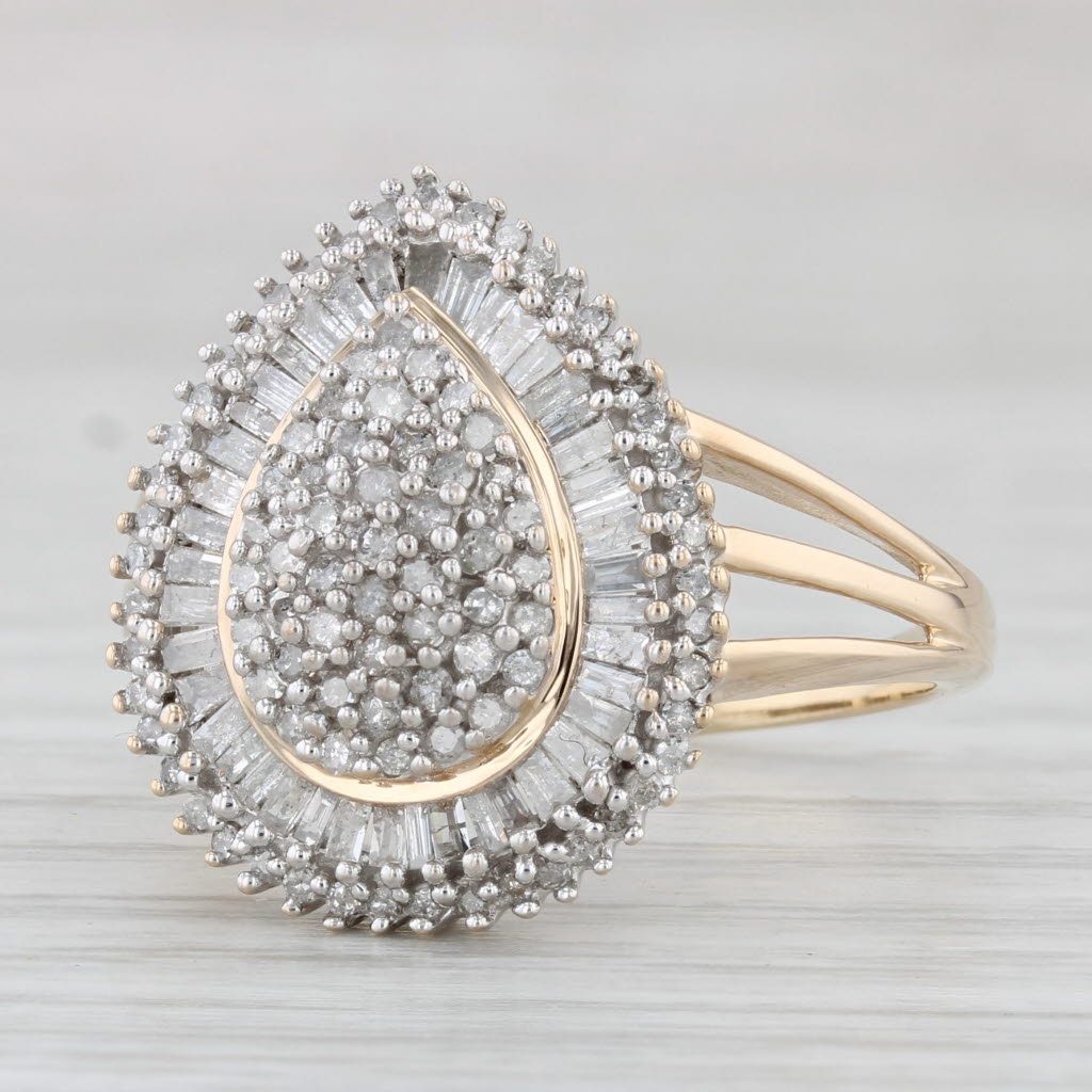 Light Gray Diamond Cluster Teardrop Ring 10k Yellow Gold Size 9.75