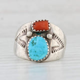 Native American Turquoise Coral Ring Sterling Silver Sz 8 Vintage Artisan Signed