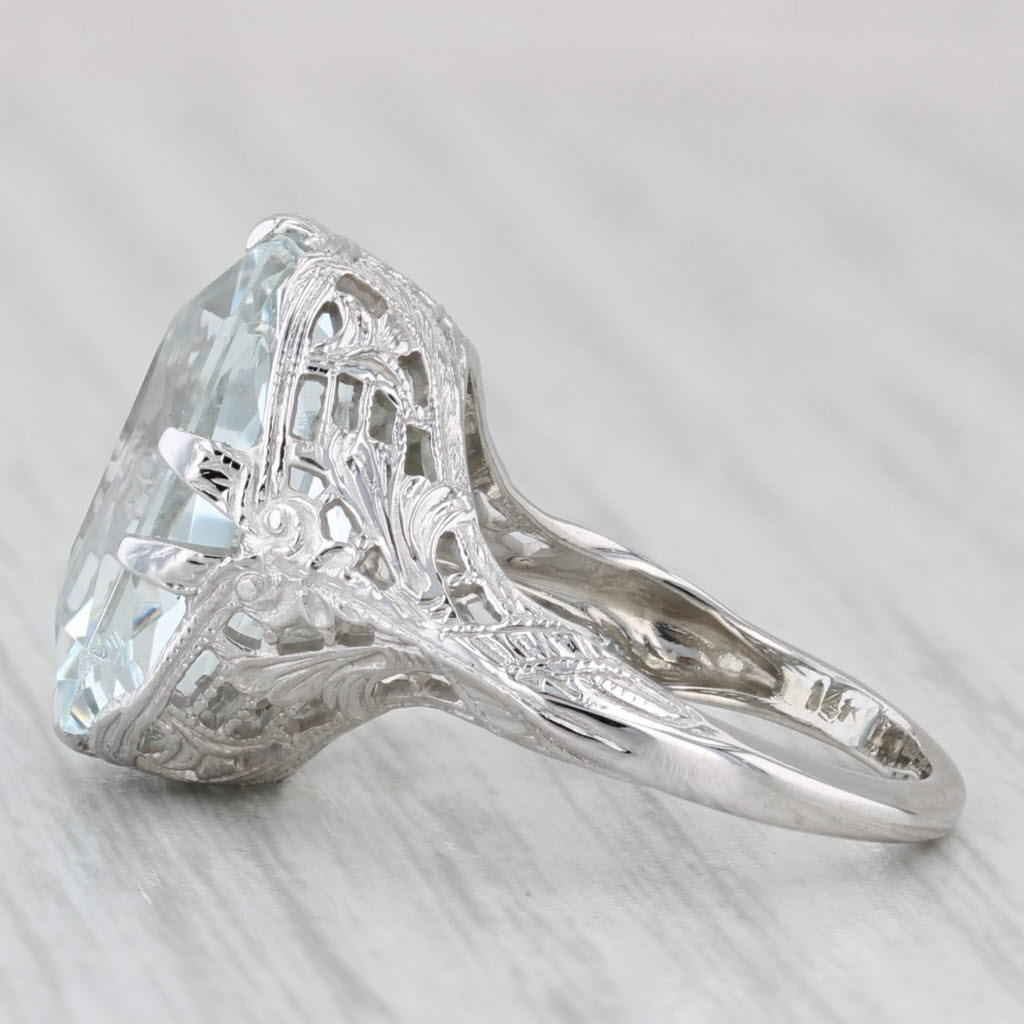 Light Gray Art Deco 6.05ct Aquamarine Solitaire Ring 14k White Gold Filigree Size 4