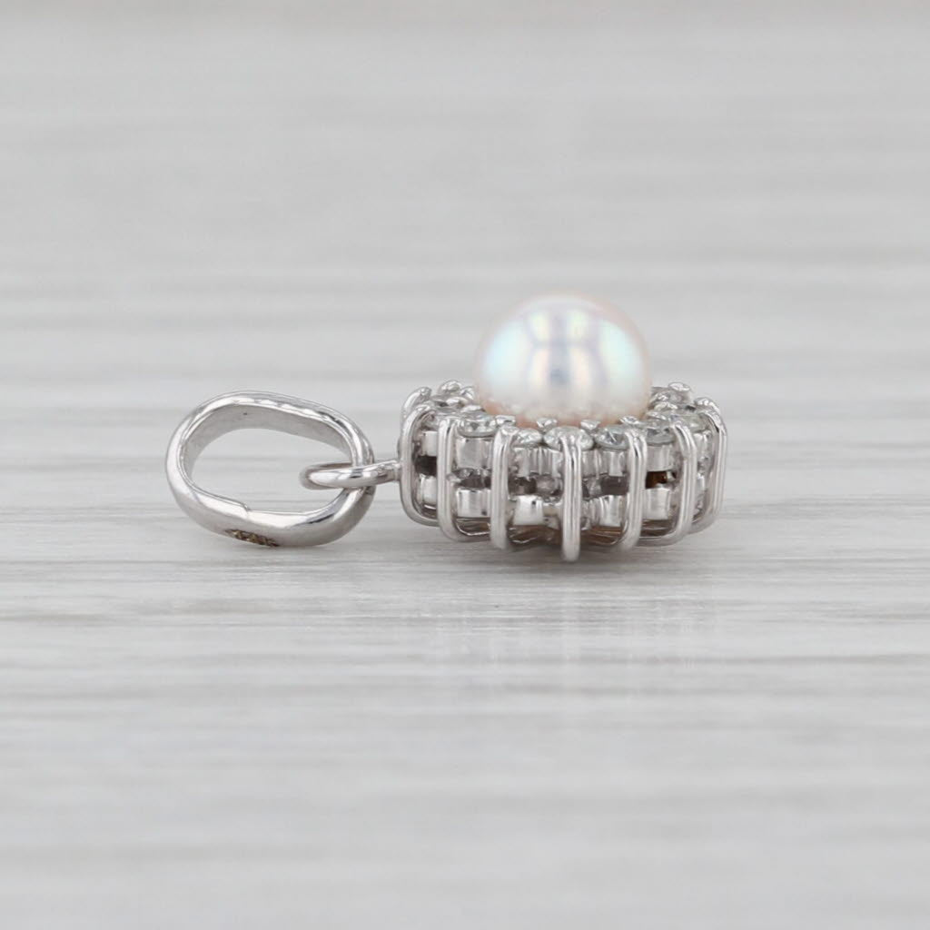 Small 5.1mm Cultured Pearl 0.16ctw Diamond Halo Pendant 14k White Gold
