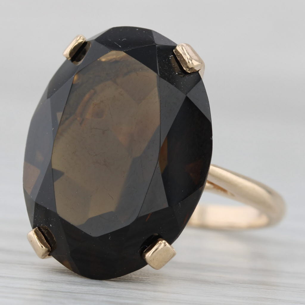 Gray 19.70ct Oval Smoky Quartz Solitaire Ring 14k Yellow Gold Size 6.75