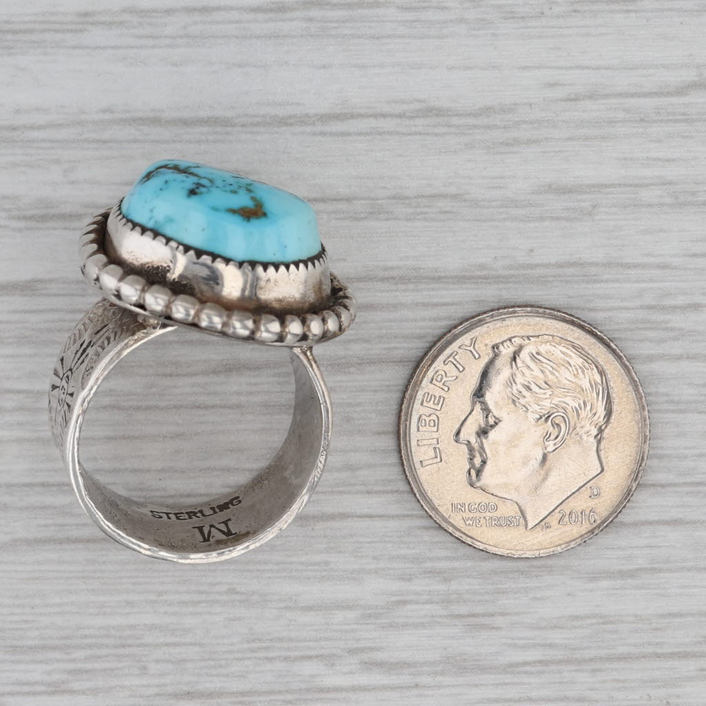 Gray Native American Turquoise Cabochon Ring Sterling Silver Size 5.75 Vintage