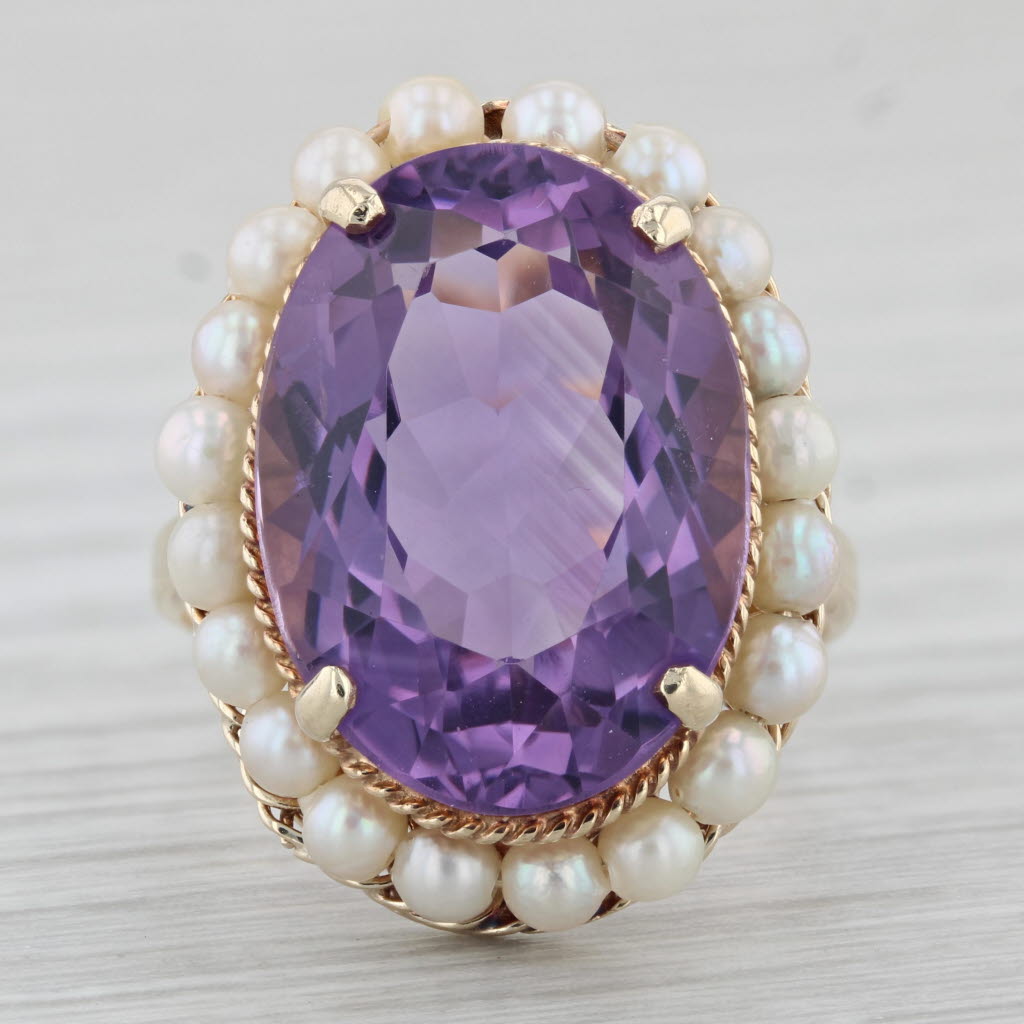 Gray 12ct Oval Amethyst Pearl Halo Ring 14k Yellow Gold Size 8 Cocktail