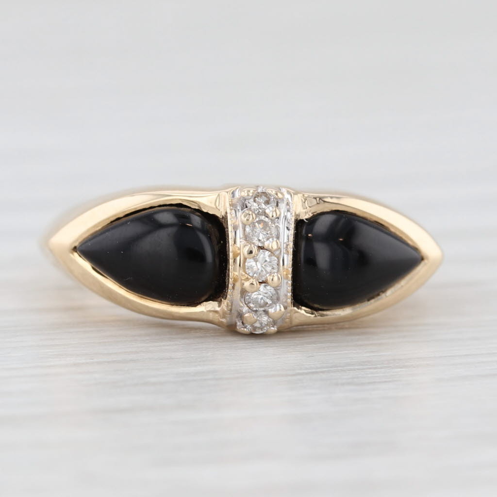 Light Gray Pear Cabochon Onyx Diamond Ring 14k Yellow Gold Size 5.25 Vintage