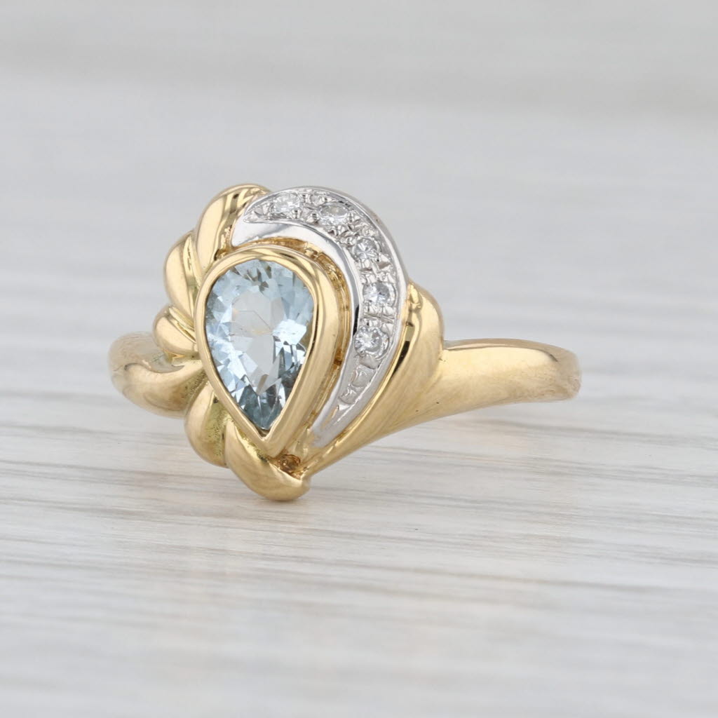 0.55ct Pear Aquamarine Diamond Ring 18k Yellow Gold Size 6