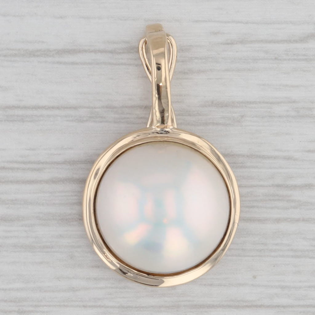 Gray Mabe Pearl Pendant 14k Yellow Gold Round Cabochon Solitaire Clip Enhancer Bail