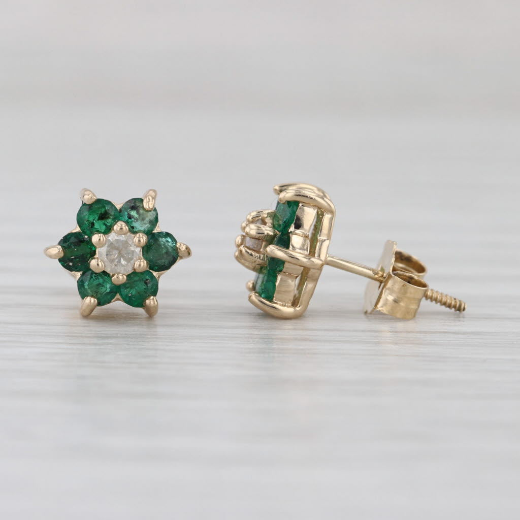 0.58ctw Emerald Diamond Flower Stud Earrings 14k Yellow Gold Studs