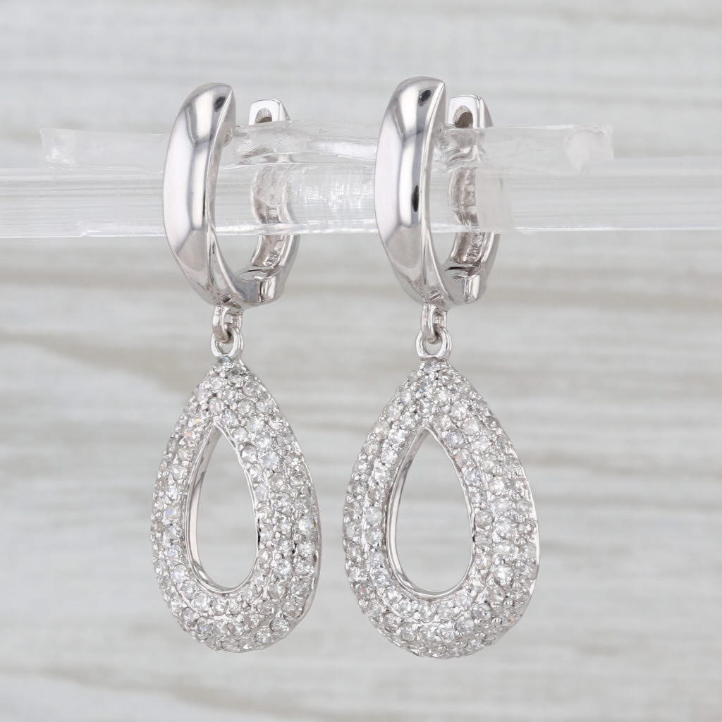0.85ctw Diamond Teardrop Dangle Earrings 14k White Gold Hinged Hoops