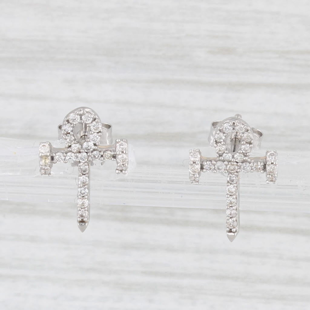 Light Gray 0.22ctw Diamond Egyptian Ankh Cross Stud Earrings 10k White Gold