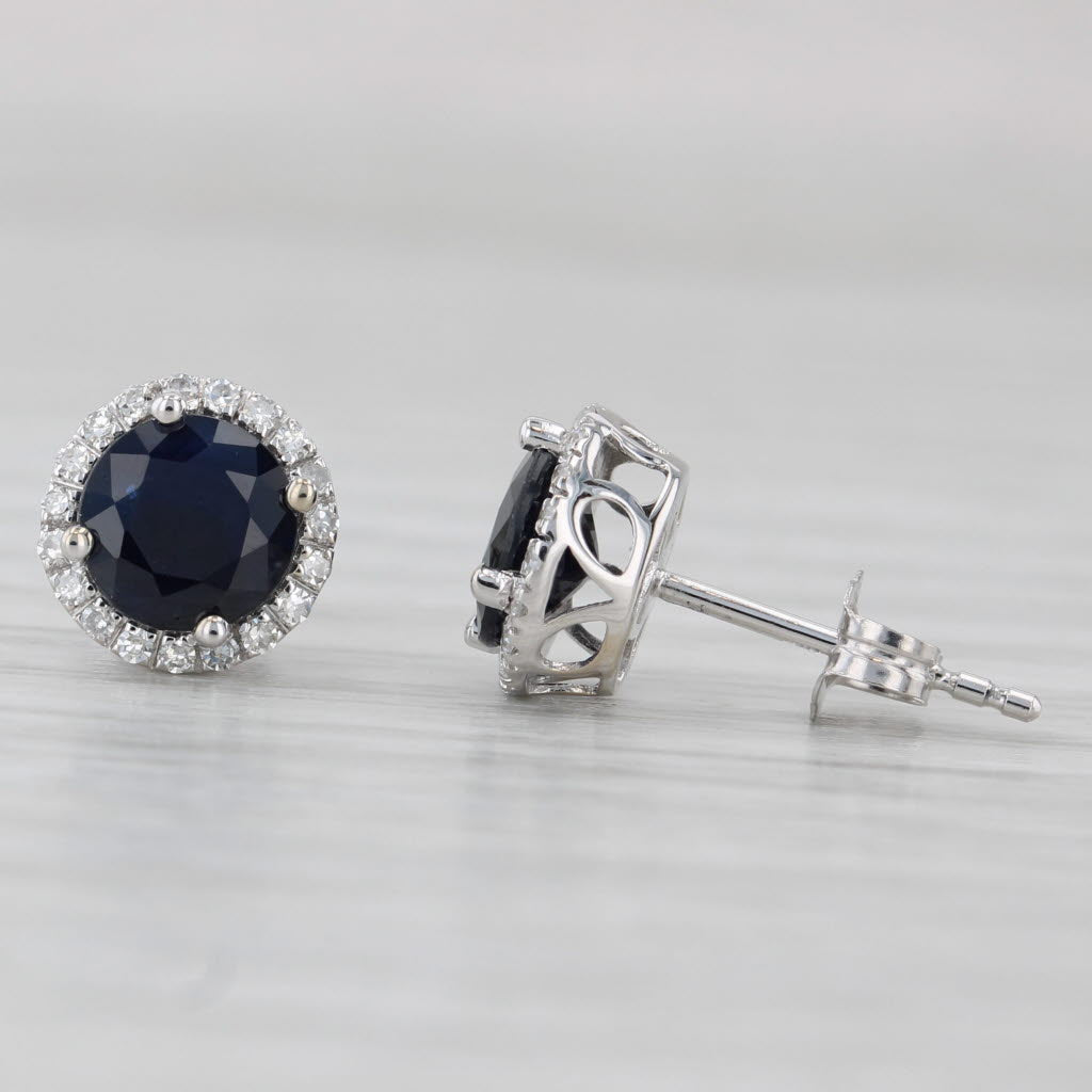 Light Gray 2.35ctw Blue Sapphire Diamond Halo Stud Earrings 14k White Gold Oro Leoni Cert