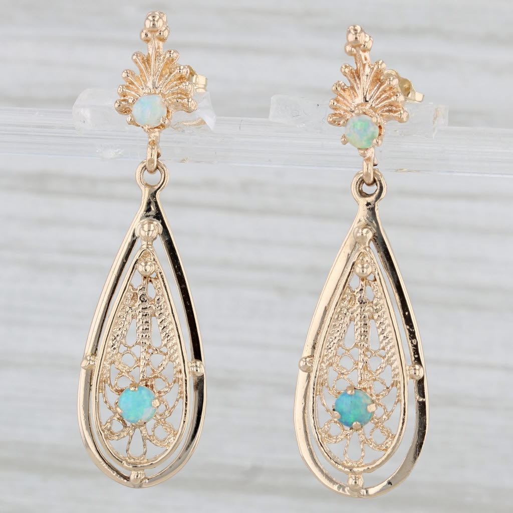 Light Gray Vintage Opal Filigree Teardrop Earrings 14k Yellow Gold