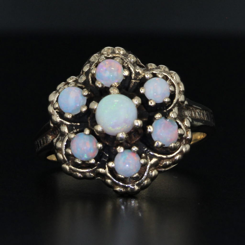 Black Vintage Opal Cluster Flower Ring 14k Yellow Gold Size 6.25