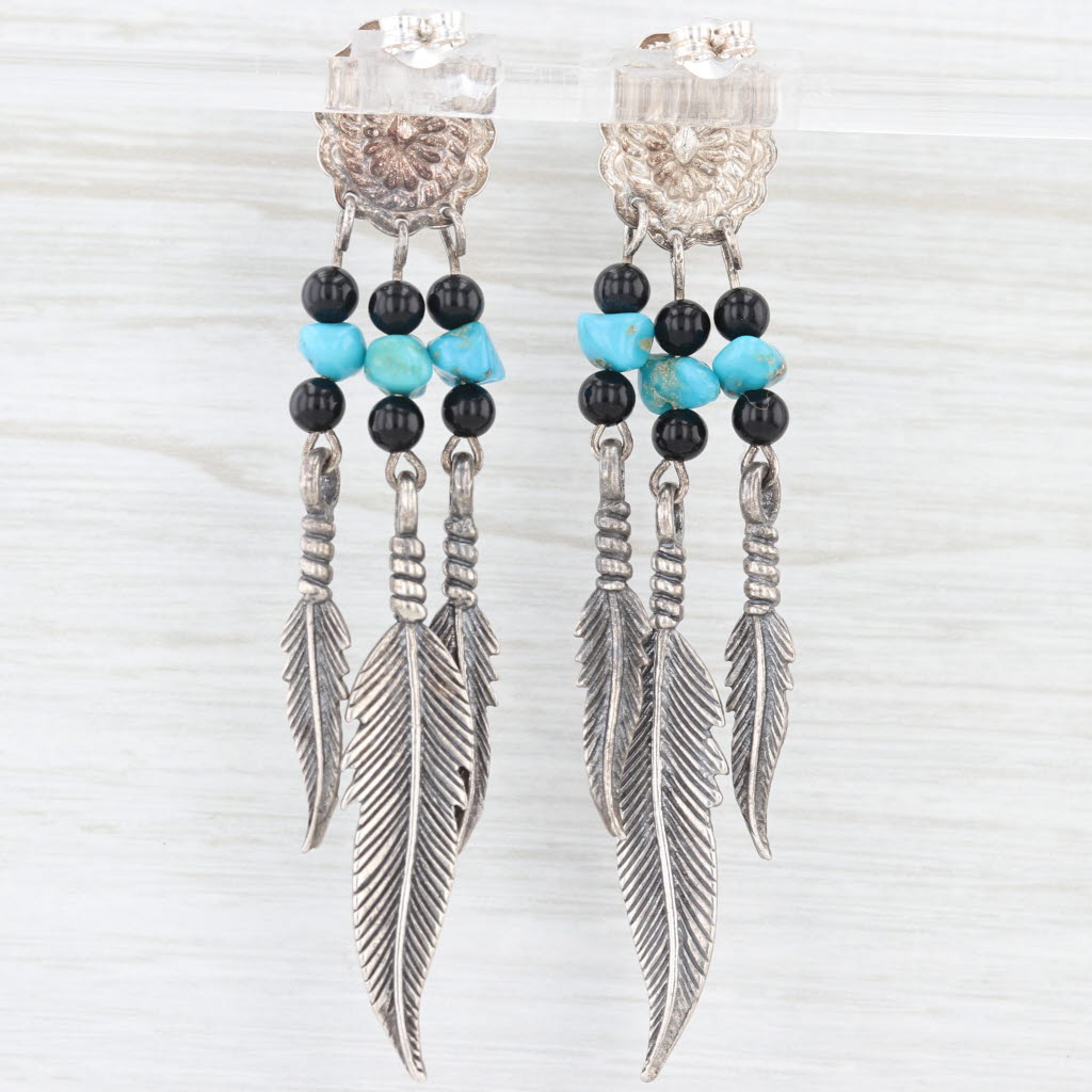 Lavender Vintage Turquoise Onyx Feather Dangle Earrings Sterling Silver Southwestern