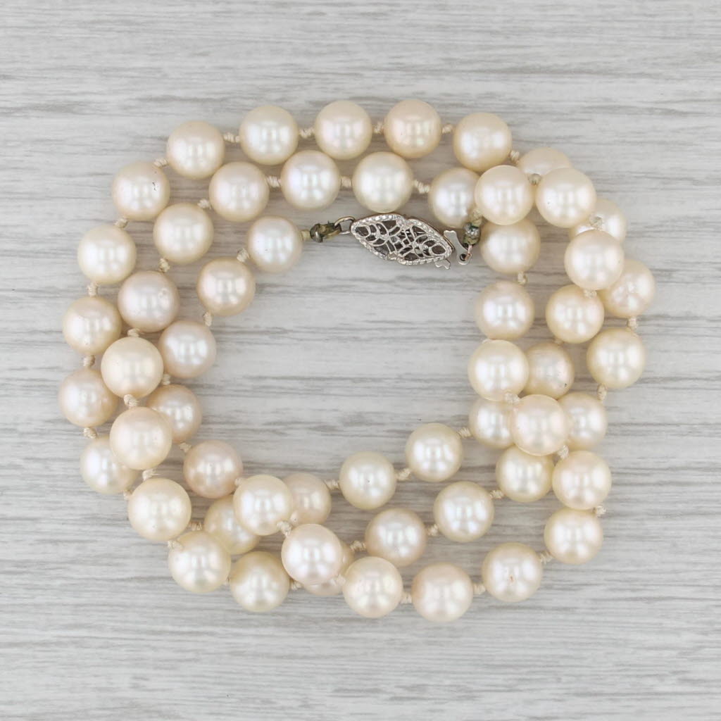 Vintage Cultued Pearl Single Strand Necklace 14k White Gold Filigree Clasp