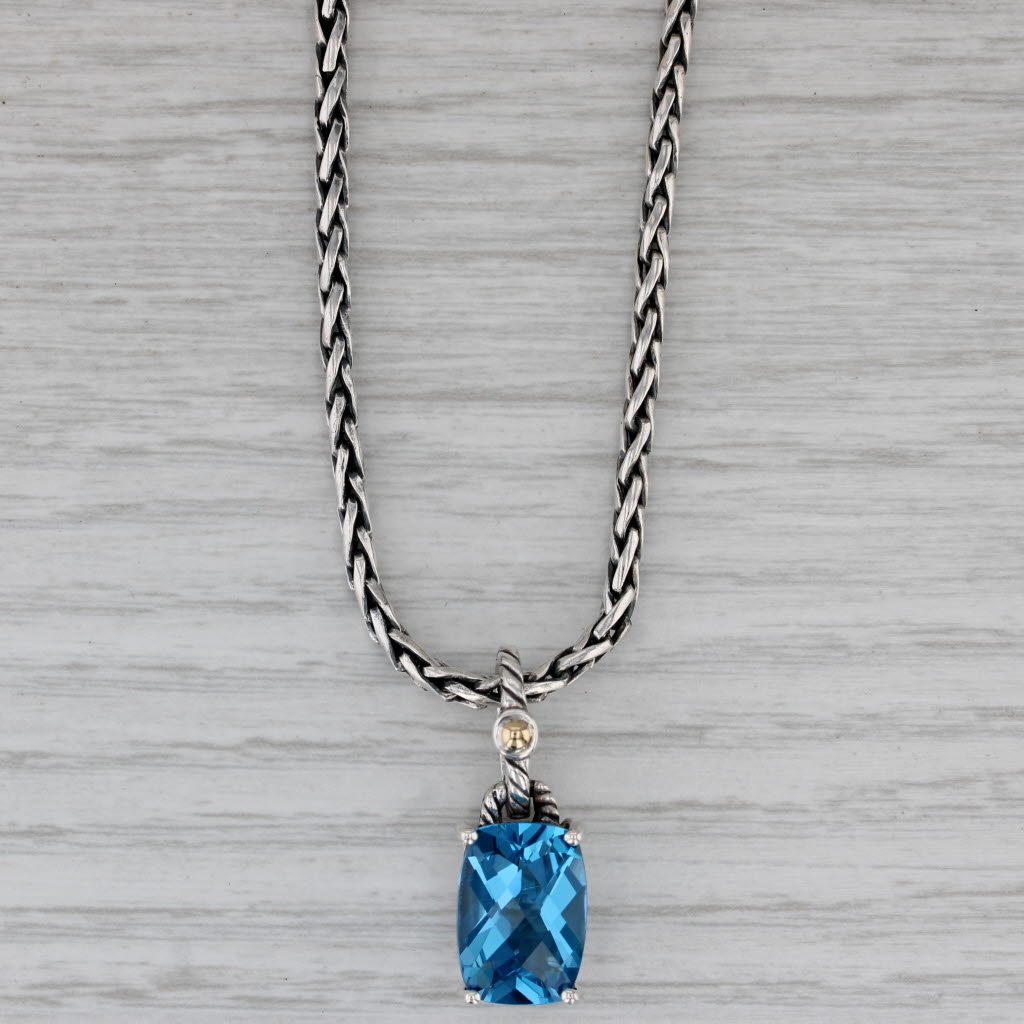 Gray Effy 7.60ct Blue Topaz Pendant Necklace Sterling Silver 18k Gold 18" Wheat Chain