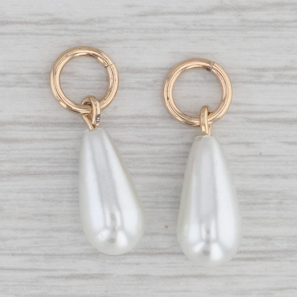 Gray Simulated Pearl Teardrop 10k Yellow Gold Hoop Earring Charms