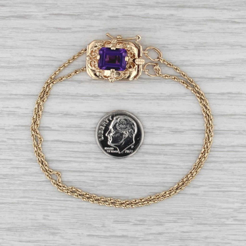 3.15ct Amethyst Slide Charm Bracelet 14k Yellow Gold 7.75" Double Rope Chain