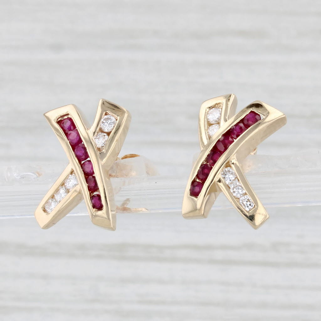 Light Gray 0.59ctw Ruby Diamond X Crossover Earrings 14k Yellow Gold Studs