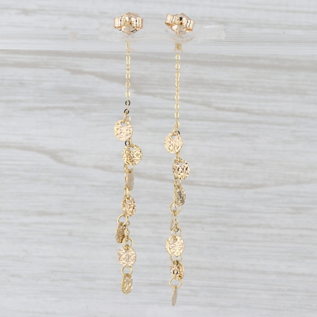 Etched Disc Dangle Earrings 14k Yellow Gold Chain Drops