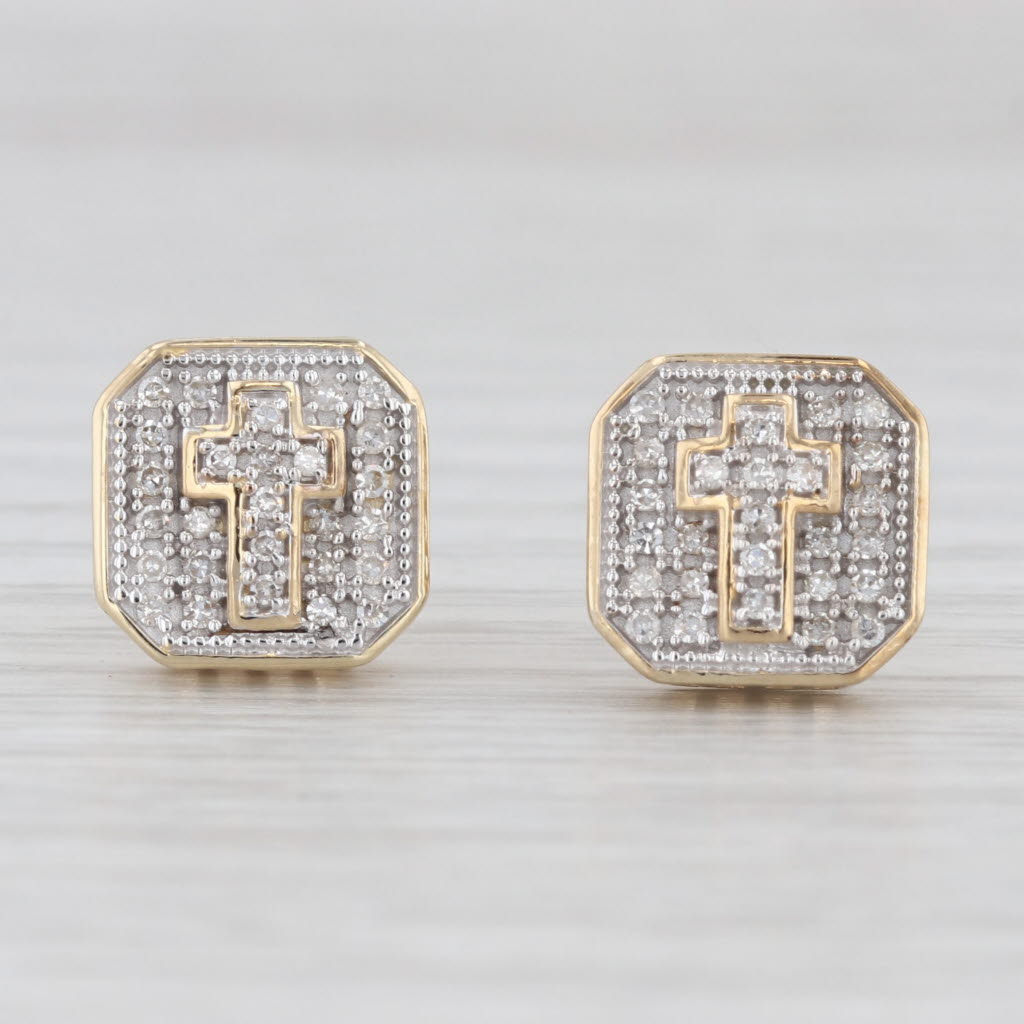 Light Gray 0.15ctw Pave Diamond Cross Stud Earrings 10k Yellow White Gold