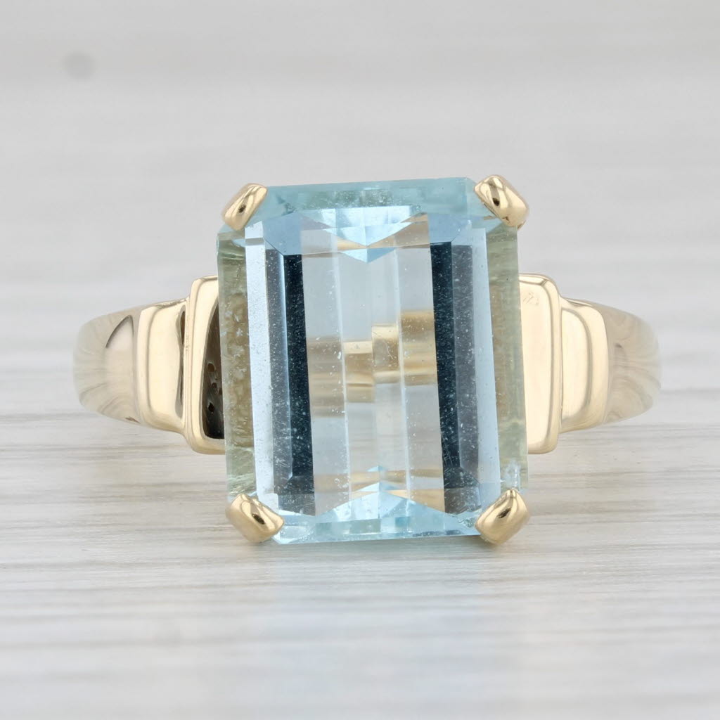 Light Gray 5.25ct Aquamarine Ring 14k Yellow Gold Size 6.75 Emerald Cut Solitaire