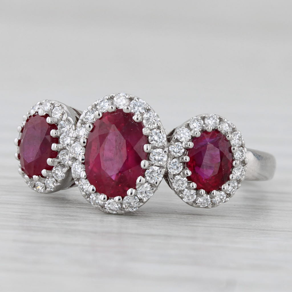 Gray 2.22ctw Ruby 3-Stone Diamond Halo Ring 14k White Gold Size 5.75