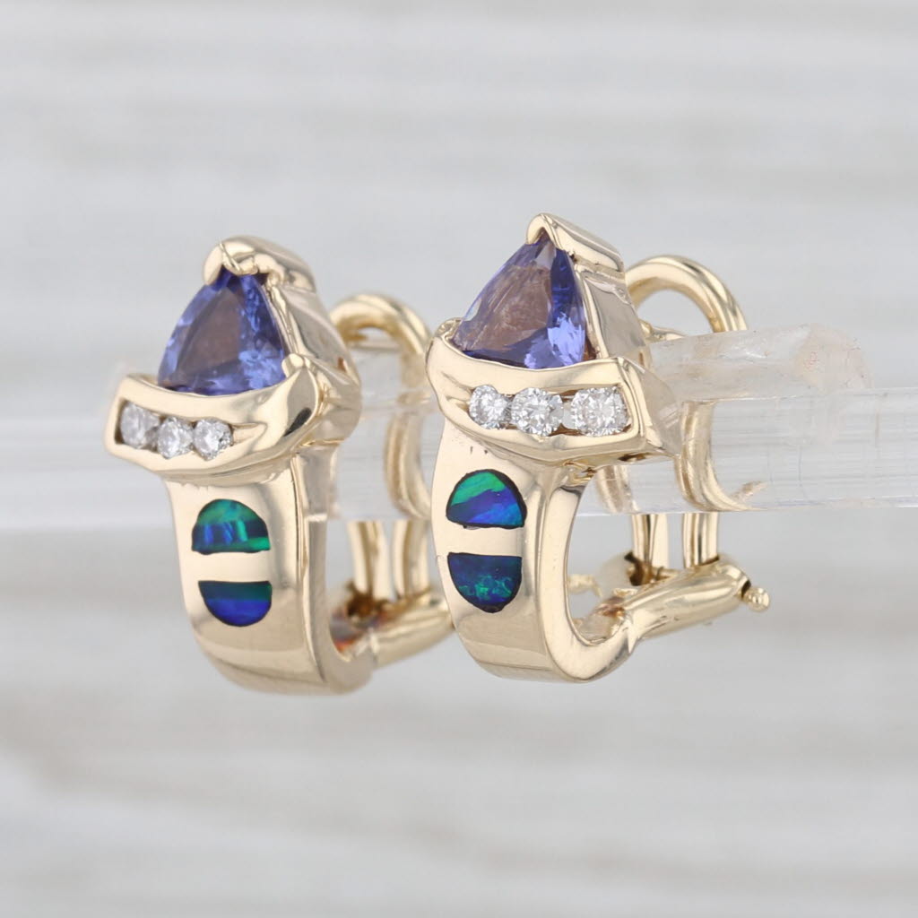 Tanzanite Diamond Lab Created Opal Drop Earrings 14k Yellow Gold Omega Backs