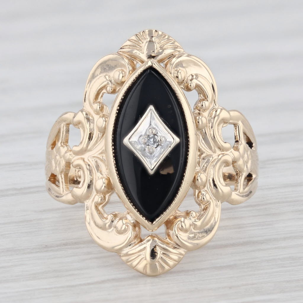 Light Gray Vintage Black Onyx Diamond 10K Yellow Gold Size 4.5 Ring Ornate Floral Openwork