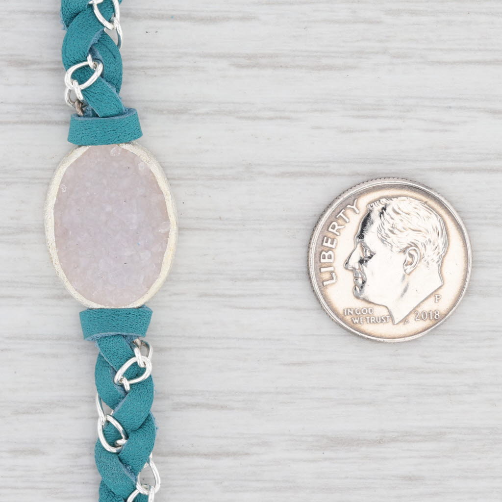 New Nina Wynn Cordelia Necklace Teal Leather White Druzy Quartz Pendant