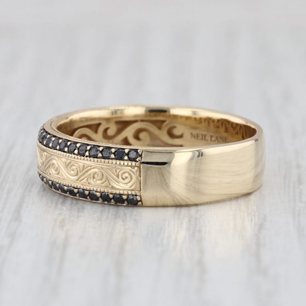 Neil Lane 0.50ctw Black Diamond Ornate Etched Ring 14k Yellow Gold Wedding Band
