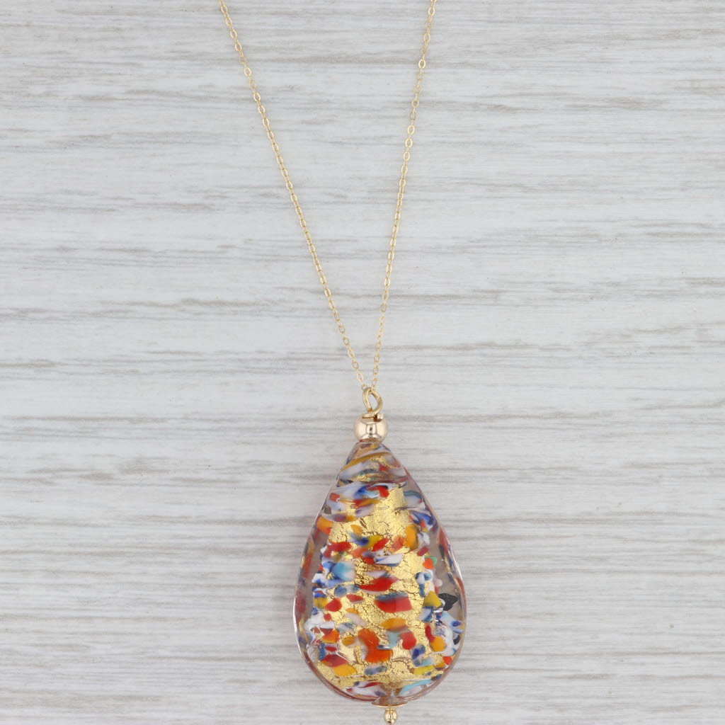 New Colorful Glass Mosaic Teardrop Pendant Necklace 14k Yellow Gold 16"-18"