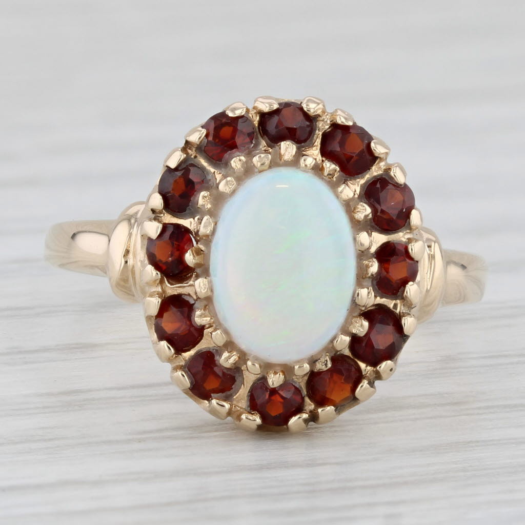 Light Gray Vintage Opal Cabochon Garnet Halo Ring 14k Yellow Gold Size 8