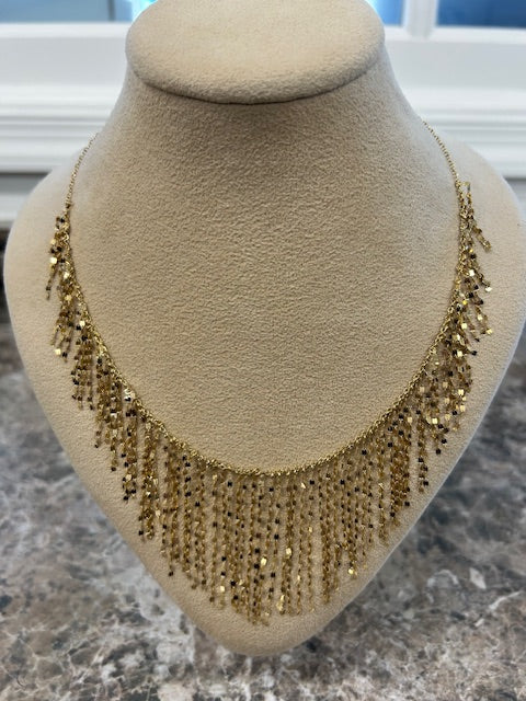 Slate Gray Fringed Bib Necklace 14k Yellow Gold 18" Cable Chain Mirror Chains